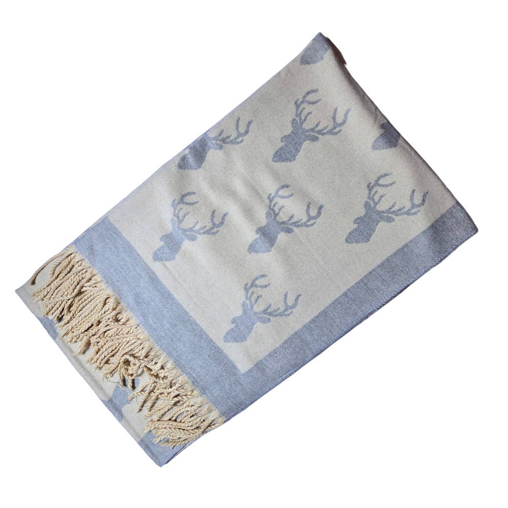 Ladies Cashmere Blend Scarf with Highland Stag - Cream/Grey