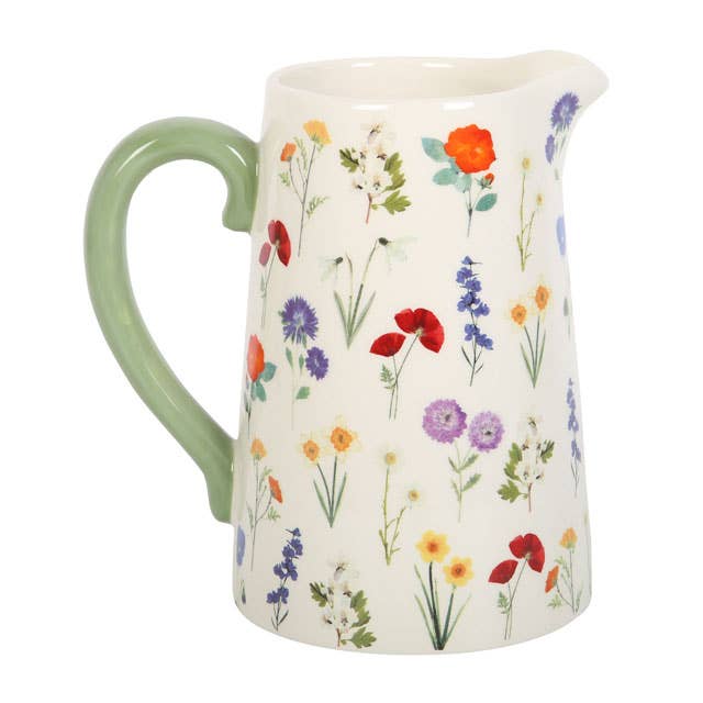 Cream Wildflower Spring Ceramic Flower Jug with Green Handle