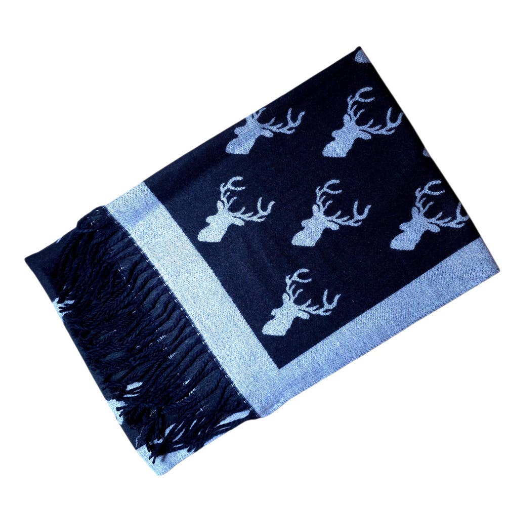 Ladies Cashmere Blend Scarf with Highland Stag - Black / Grey