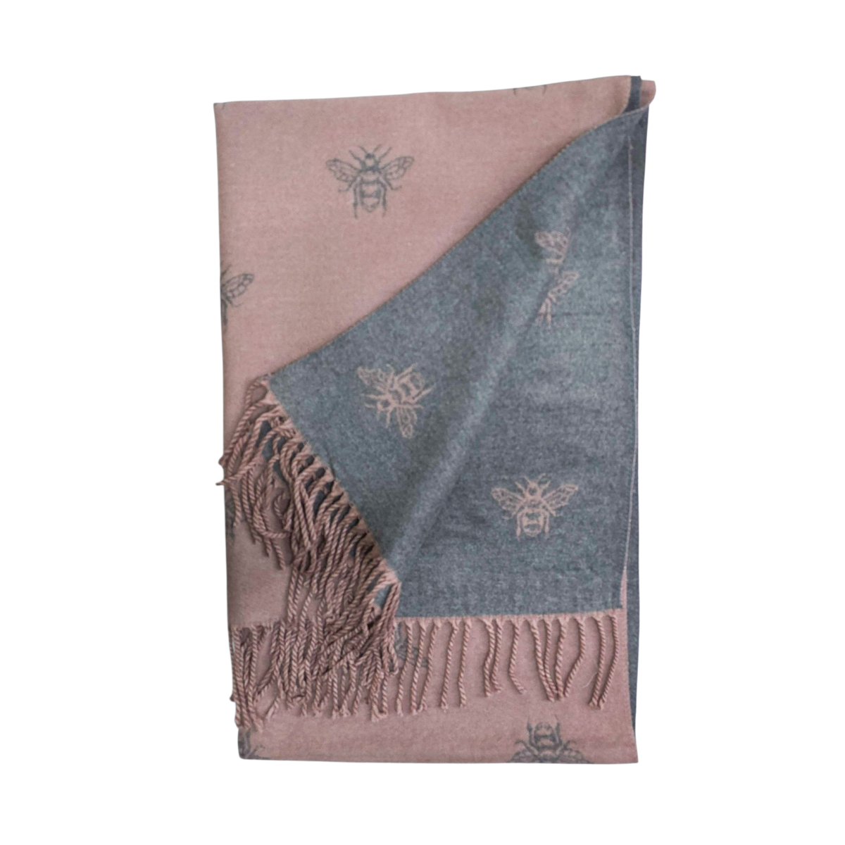 A folded woven throw blanket with fringed edges, featuring a dusty pink and slate blue color-blocked design with embroidered bee motifs, shown on a plain white background.