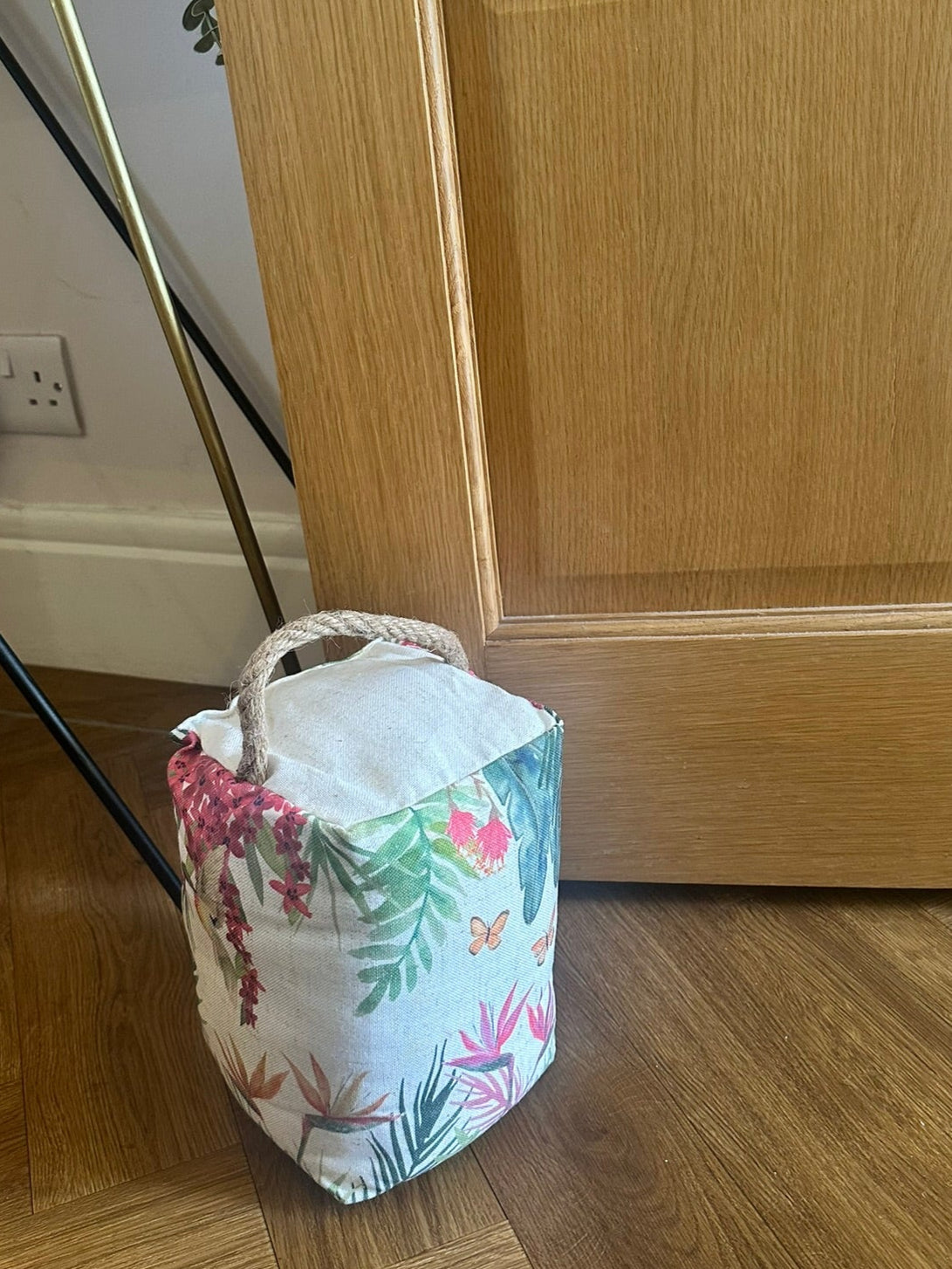 Floral fabric doorstop with handle, decorative weighted door holder for cottage home, shabby chic or country-style decor