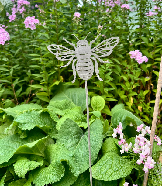 metal silver garden stake in a bee design