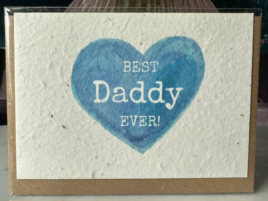 the front of the card, 'best daddy ever' text in a blue heart