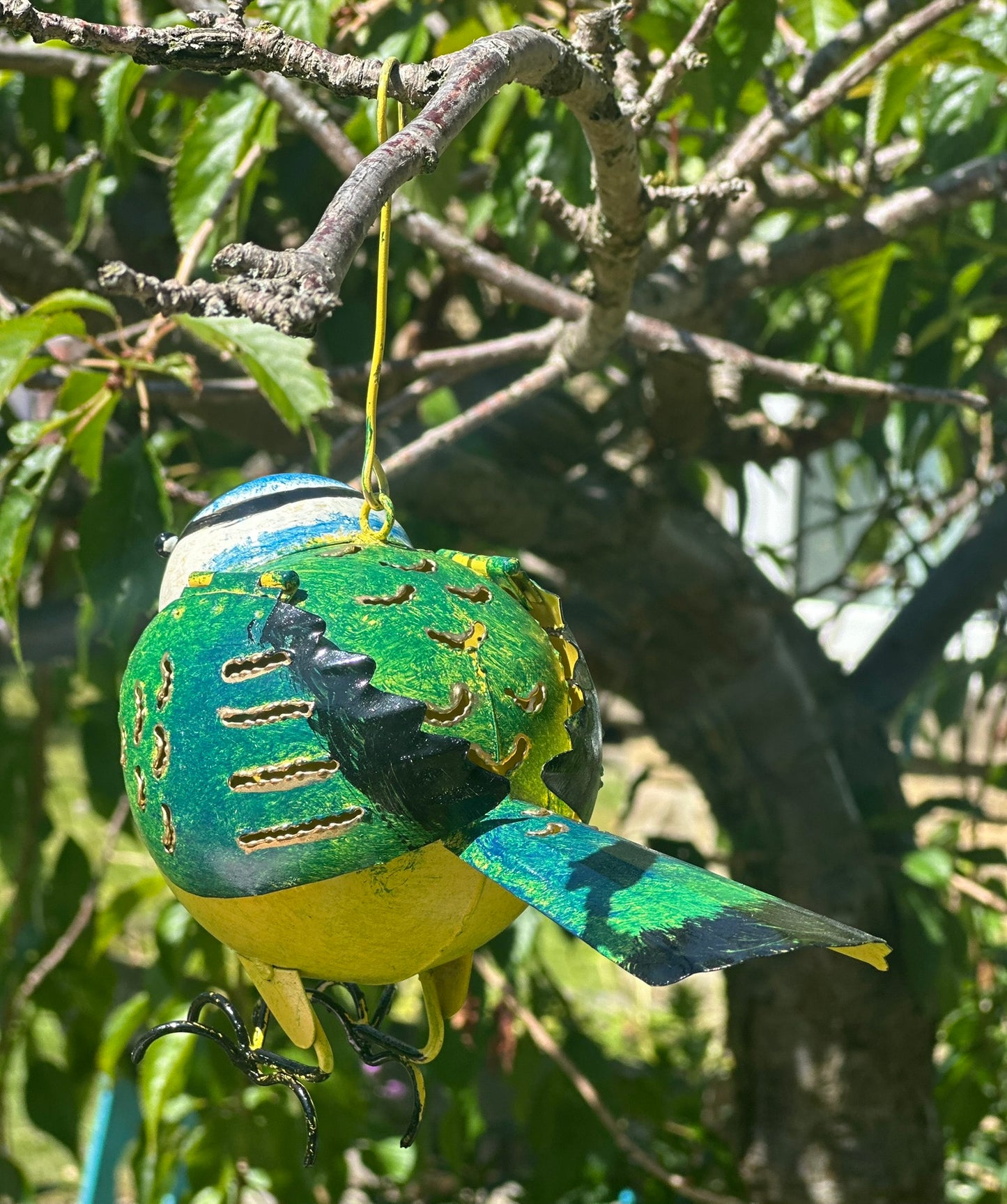Decorative bird tealight lantern in blue tit design, metal hanging candle holder for garden or balcony decor