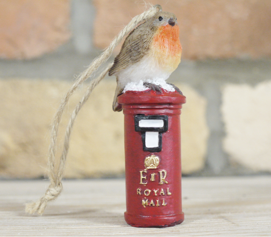 Red Royal Mail post box with robin bird Christmas hanging decoration, traditional festive ornament for tree or home display