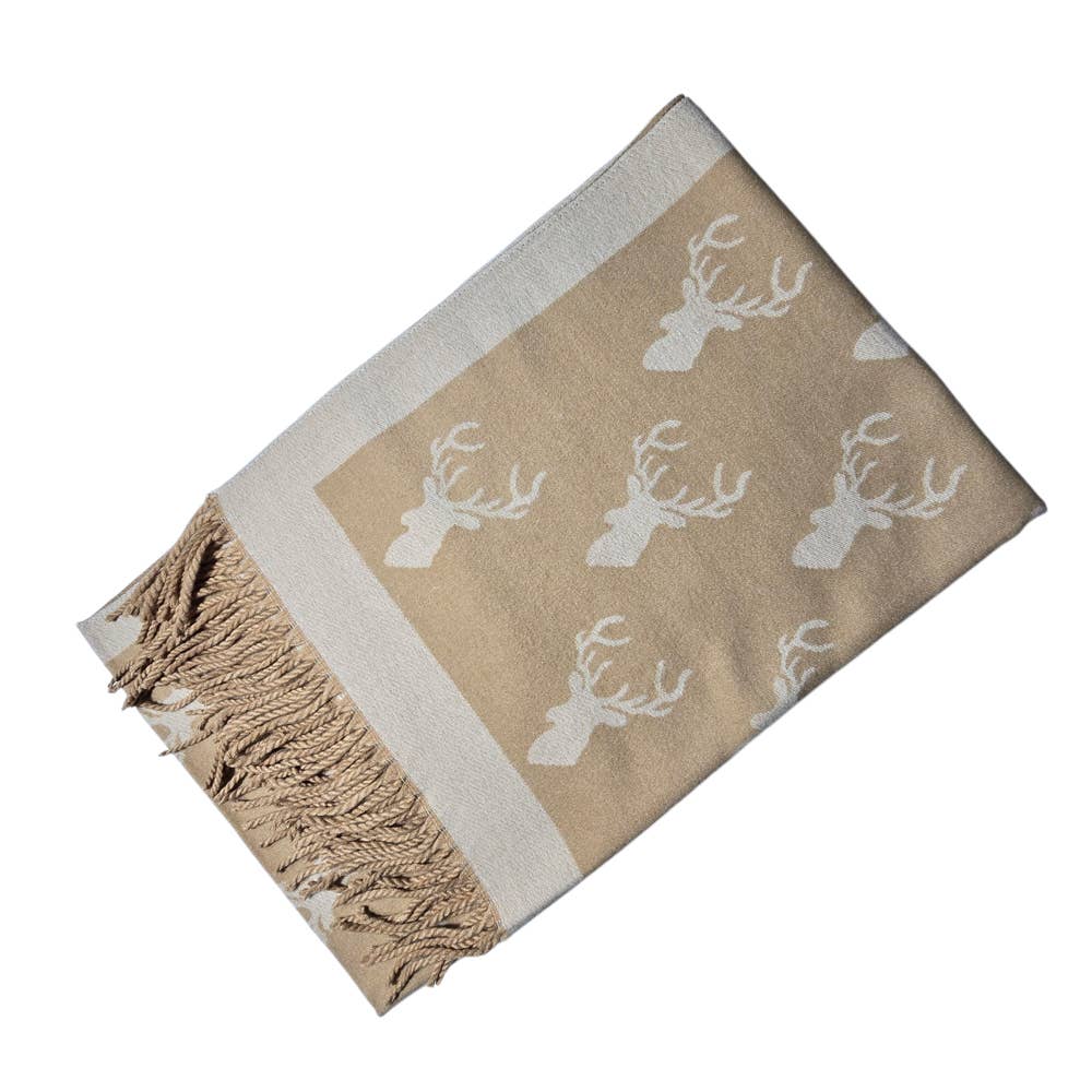 Ladies Cashmere Blend Scarf with Highland Stag - Beige / Cream