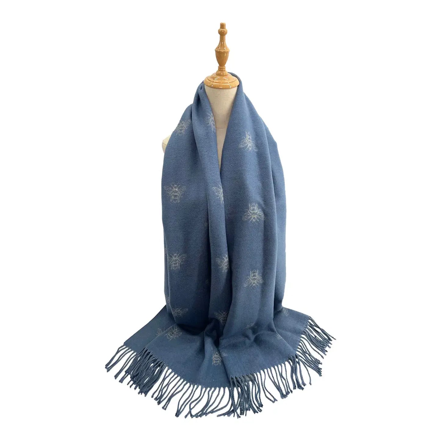 Ladies Cashmere Blend Reversible Bee Motif Scarf - Soft Blue