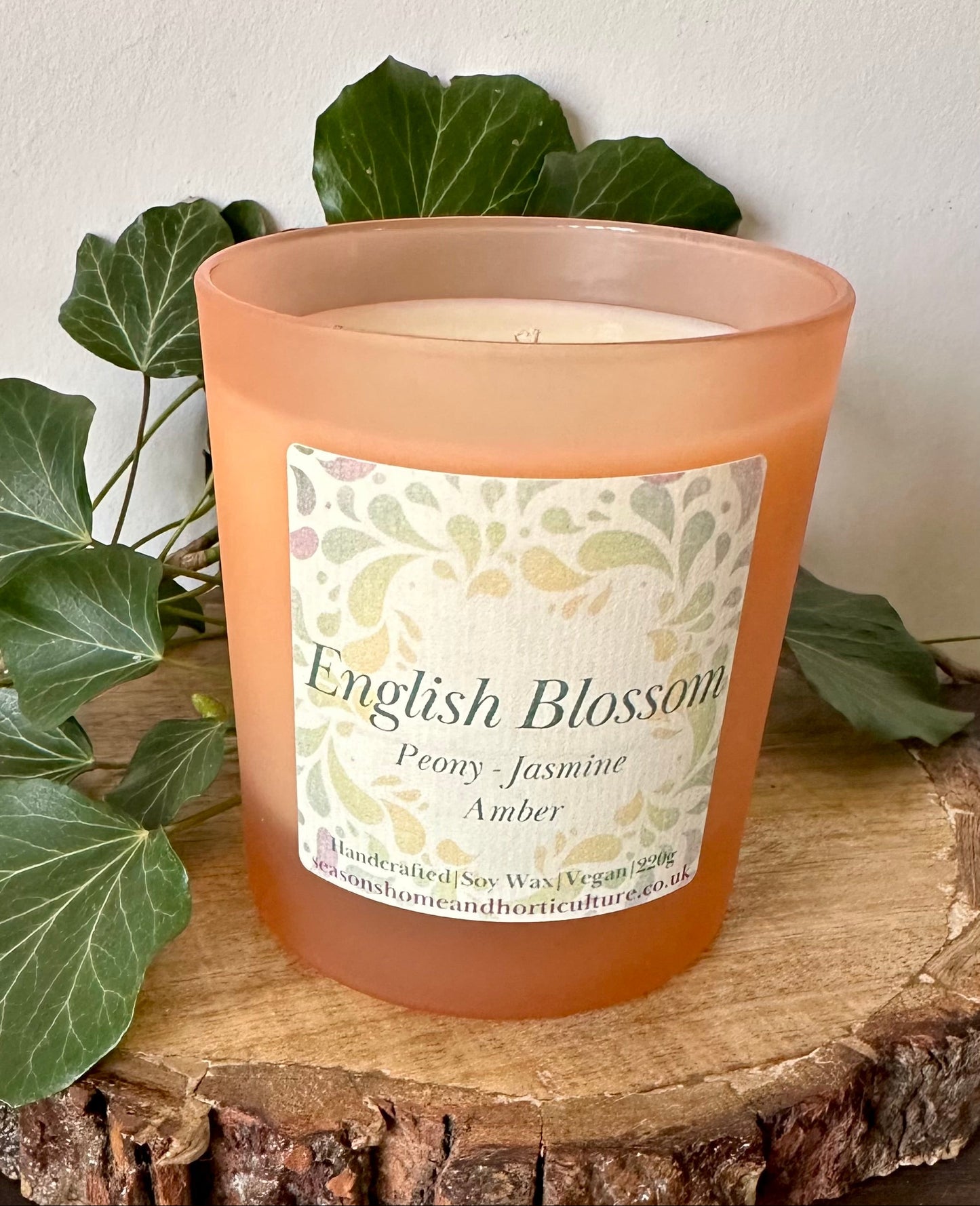 English Blossom soy candle in glass jar with peony, jasmine and amber floral scent handmade vegan cruelty free home fragrance gift