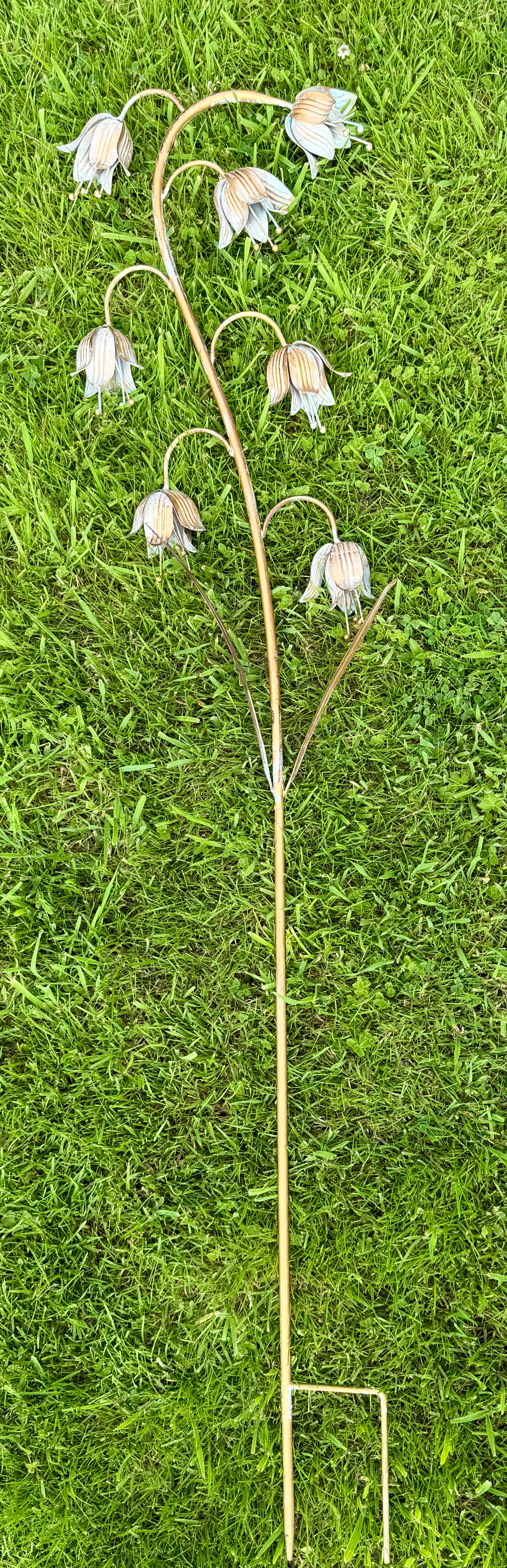 Rustic metal fritillaria plant stake inspired by snakes head fritillary flowers for garden borders and planters