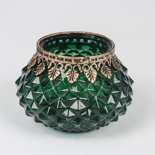 Geometric green glass tealight holder with gold detail, modern candle holder for elegant home décor, ideal for table displays and cosy lighting.