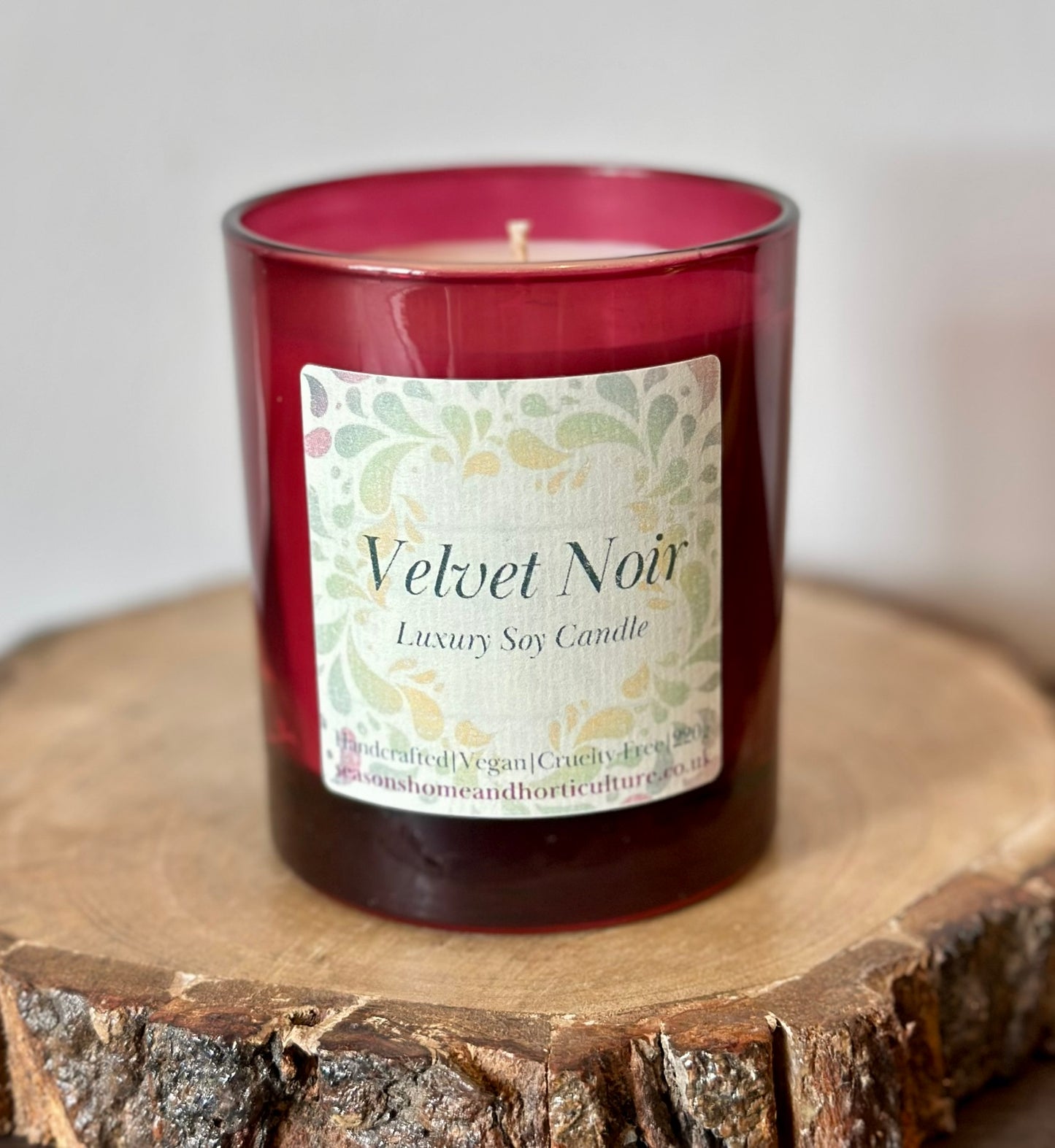 Handmade soy candle in red glass container, luxury vegan scented candle ideal for relaxation or gifting paraffin and paraben free