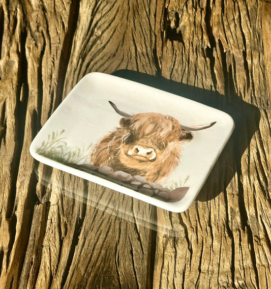 Hand-painted Highland cow trinket dish on rustic wood surface, perfect for farmhouse decor