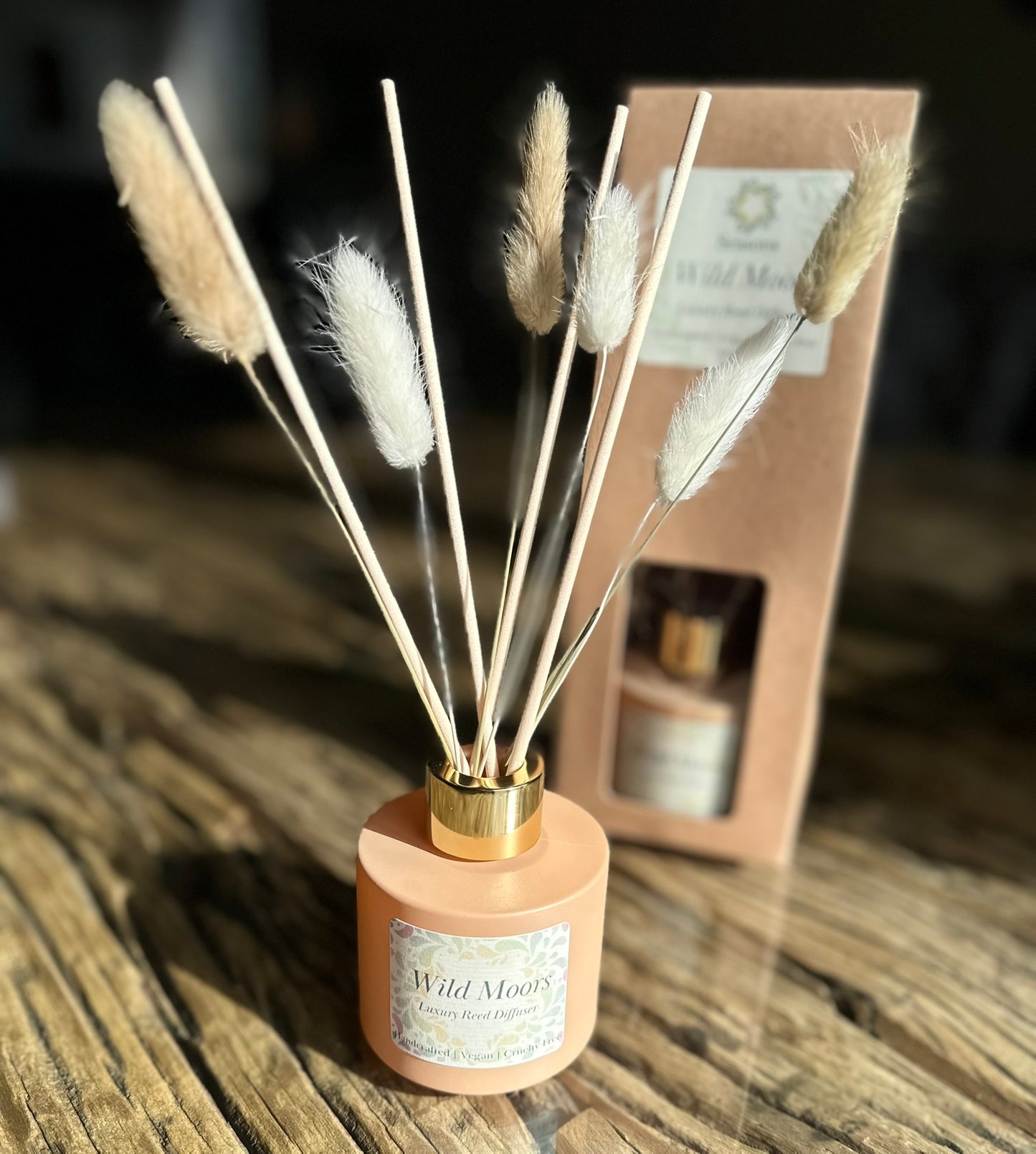 Wild Moor Diffuser, with stems and decorations. The box is in the back.