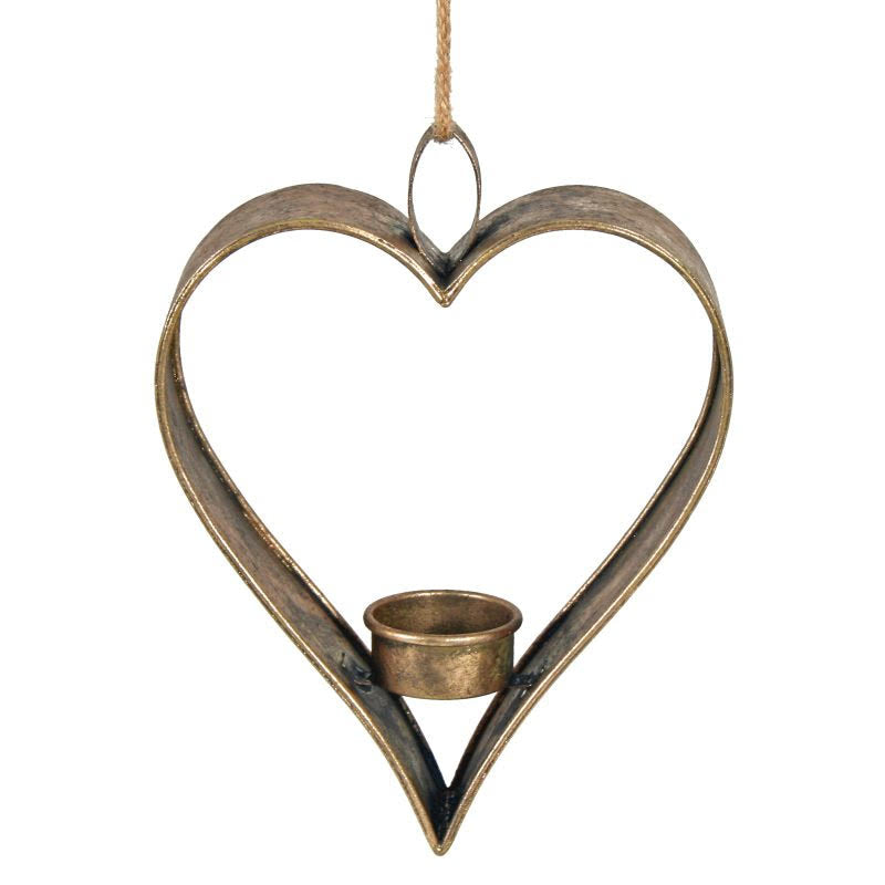 Metal heart-shaped hanging tealight holder, stunning candle holder for home or garden décor with antique-style finish and warm glowing light.