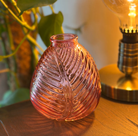 Pink glass vase with botanical leaf detail, perfect for blush decor or unique floral gift