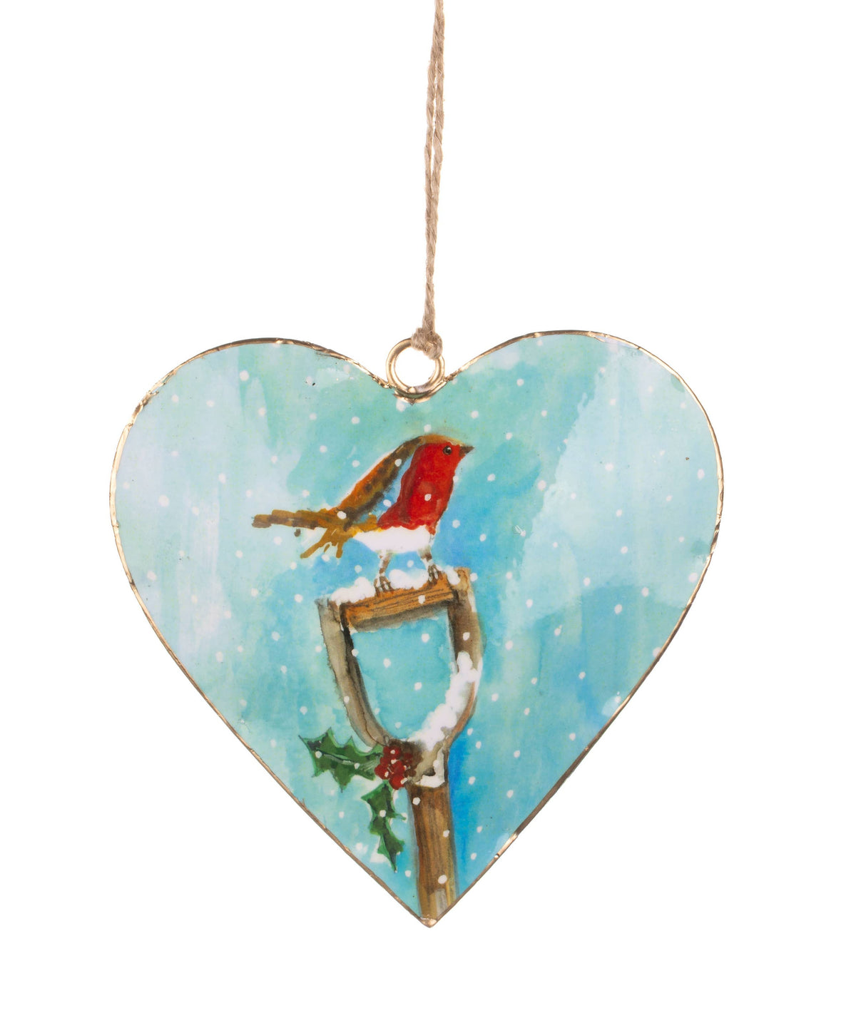 Heart-shaped hanging ornament with a painted winter scene featuring a red bird perched on a branch against a light blue snowy background, suspended by a thin string.