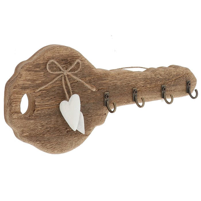 Rustic wooden key-shaped wall key holder with hooks and heart detail, decorative country cottage style home storage