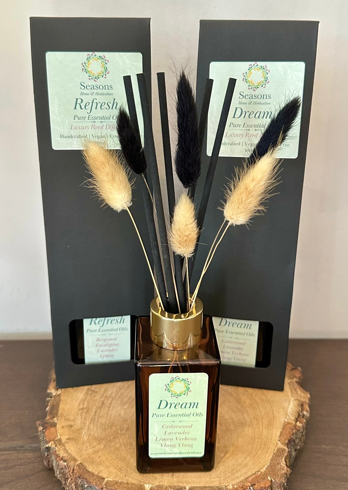 Handcrafted vegan Christmas diffuser range with multiple holiday fragrances, paraben-free festive reed diffuser home décor gift idea.