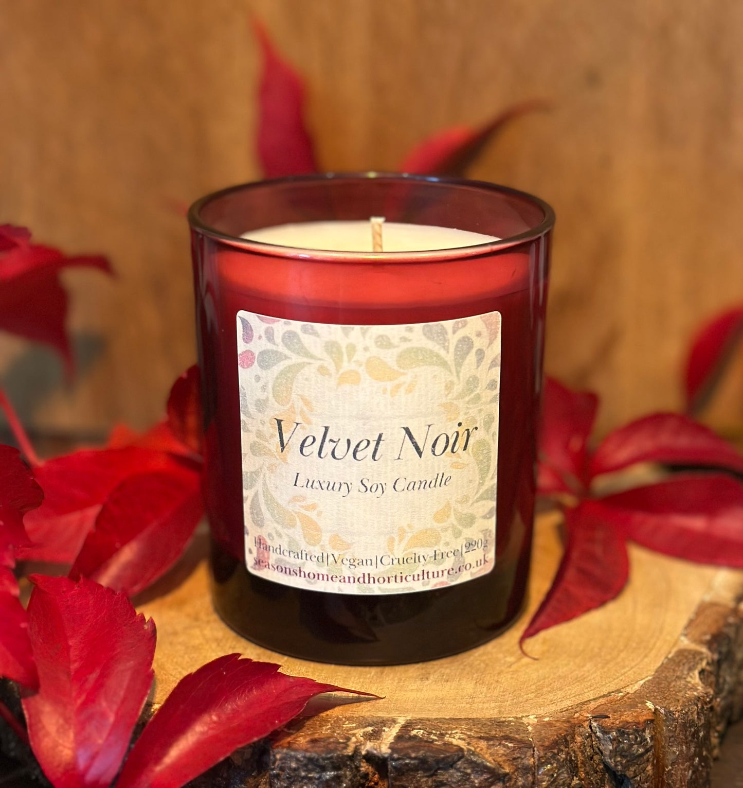 Velvet Noir luxury soy candle in ruby red glass jar, vegan and cruelty-free handcrafted scented candle gift for home décor