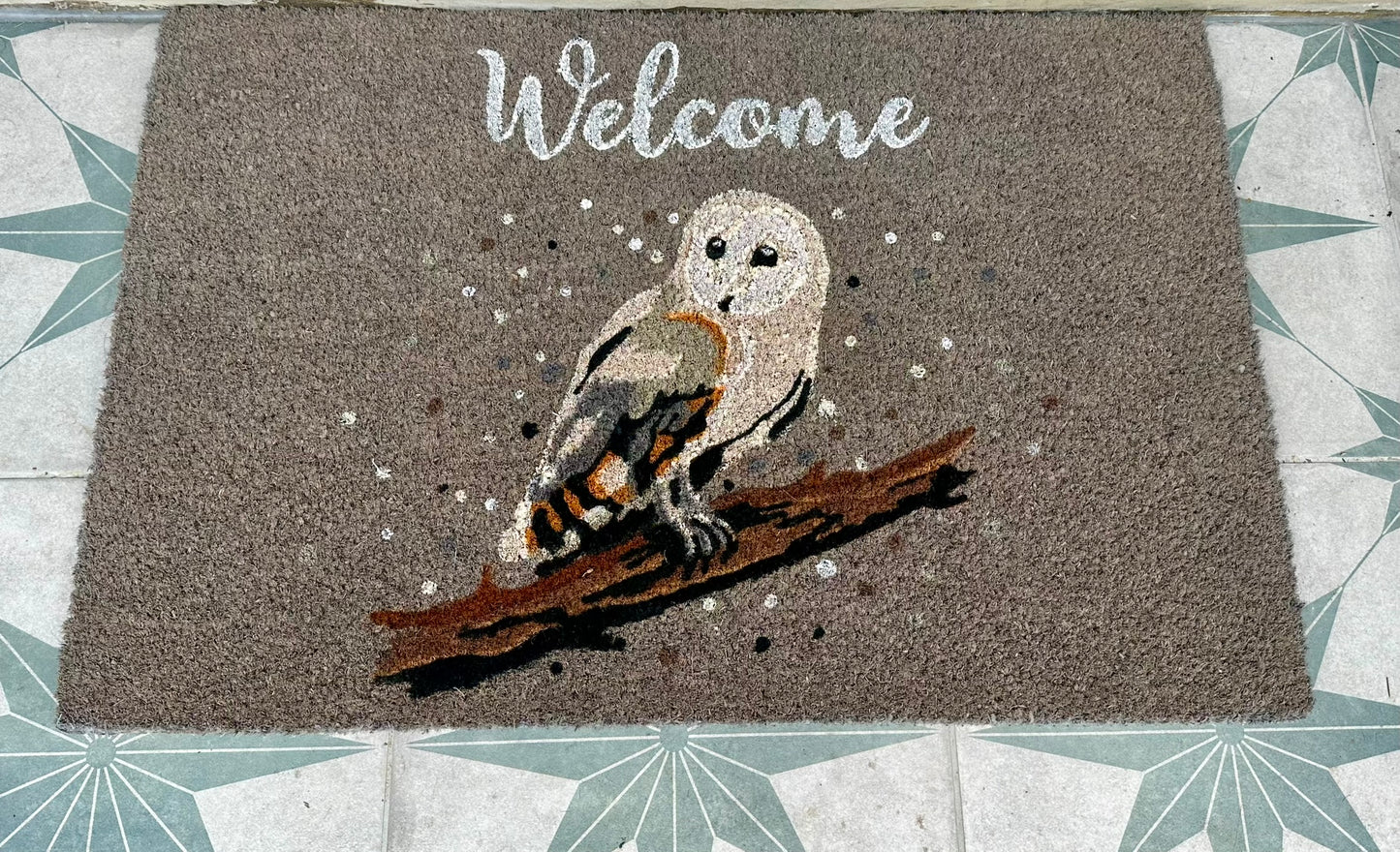 Natural coir grey winter owl themed Christmas doormat bringing festive charm to your doorway, ideal eco-friendly Christmas décor and seasonal gift for home