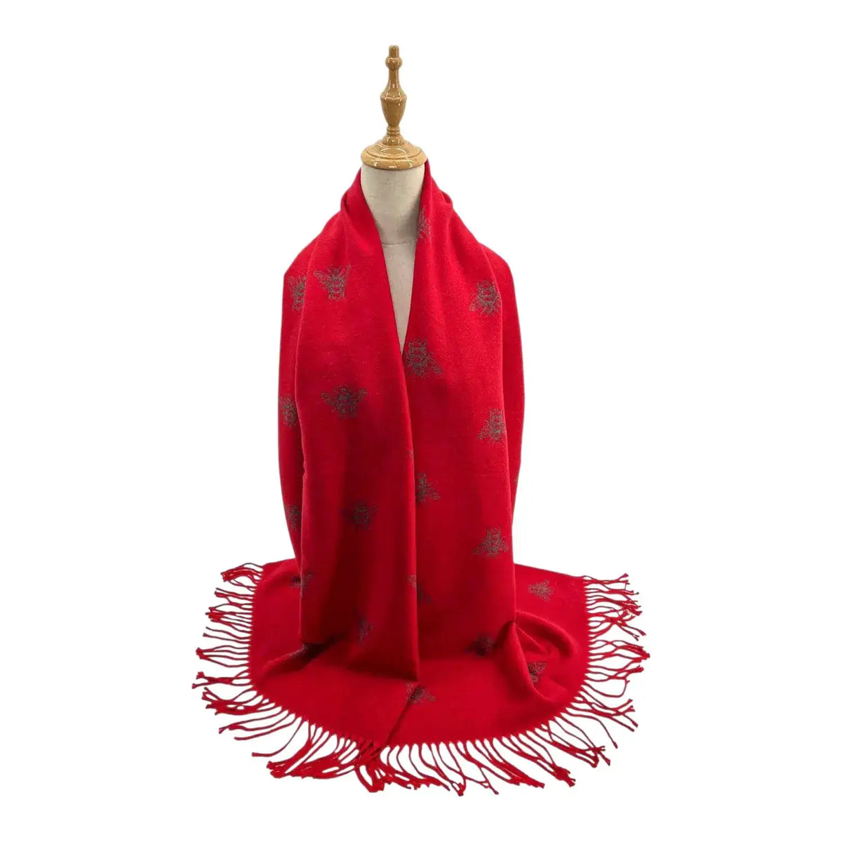 Ladies Cashmere Blend Reversible Bee Motif Scarf - Red
