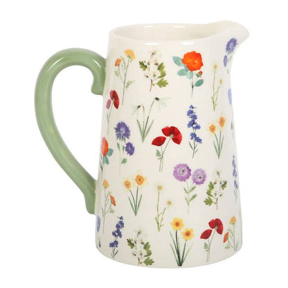 Cream Wildflower Spring Ceramic Flower Jug with Green Handle