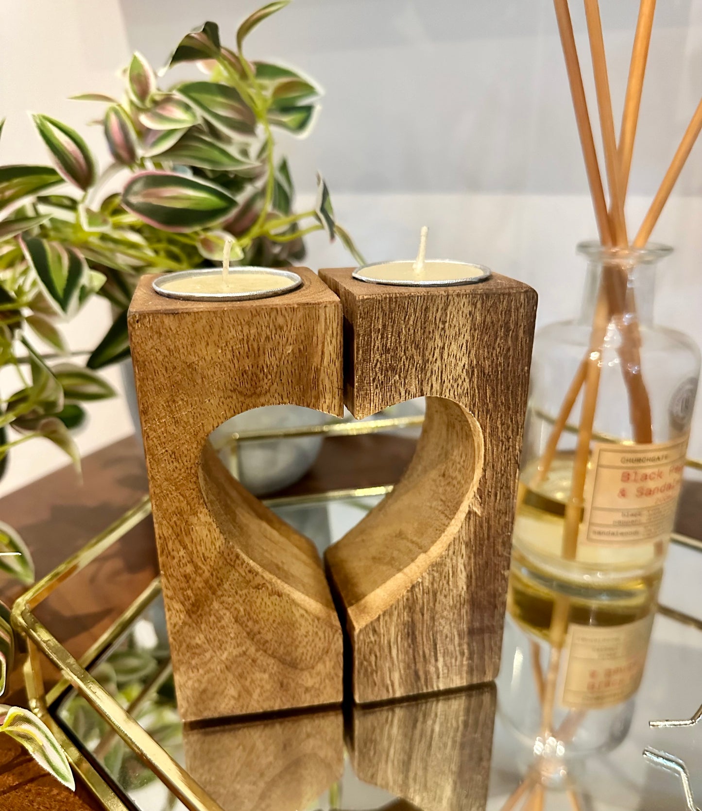 Mango Wood Heart Tealight Holders