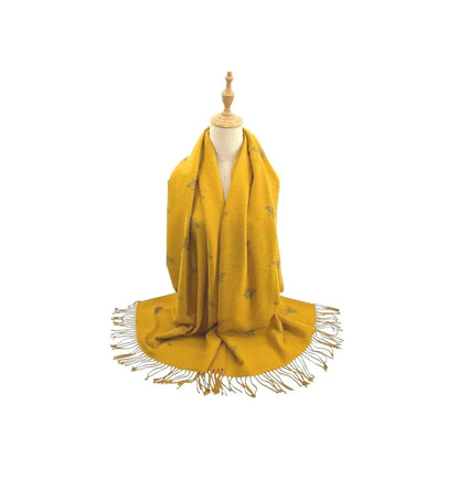 Ladies Cashmere Blend Reversible Bee Print Tassel Scarf - Yellow / Grey