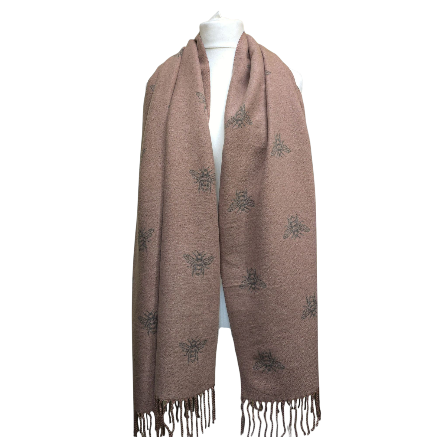 Ladies Cashmere Blend Reversible Bee Motif Scarf - Dusky Pink
