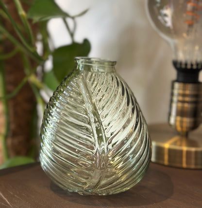 Leaf-patterned green glass vase for floral arrangement or eco-friendly decorative gift