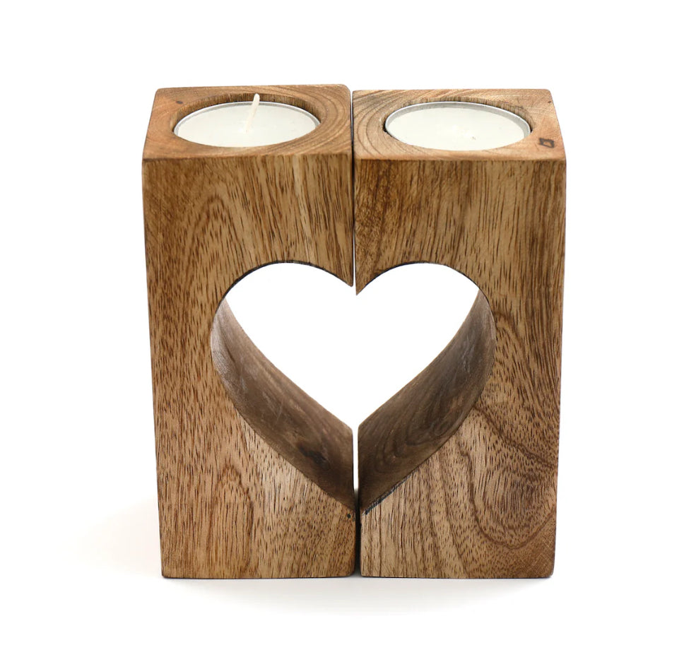 Mango Wood Heart Tealight Holders