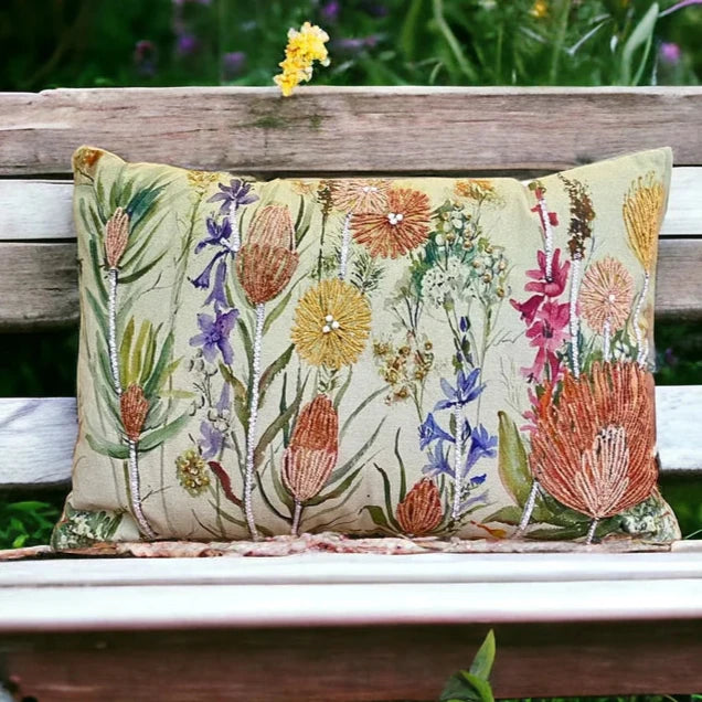 Embroidered Orange / Blue Cotton Cushion