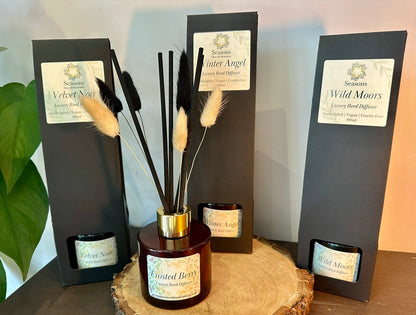 Luxury Christmas diffuser collection featuring festive scents like Frosted Berry, Wild Moors, and Winter Angel, vegan and cruelty-free.