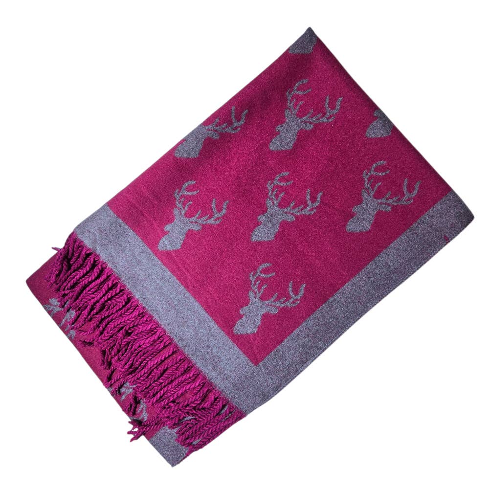 Ladies Cashmere Blend Scarf with Highland Stag  - Maroon / Grey