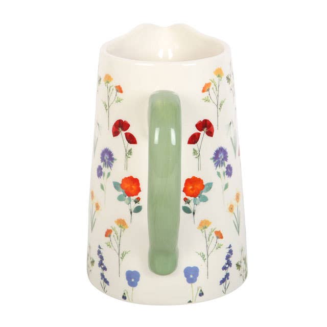 Cream Wildflower Spring Ceramic Flower Jug with Green Handle