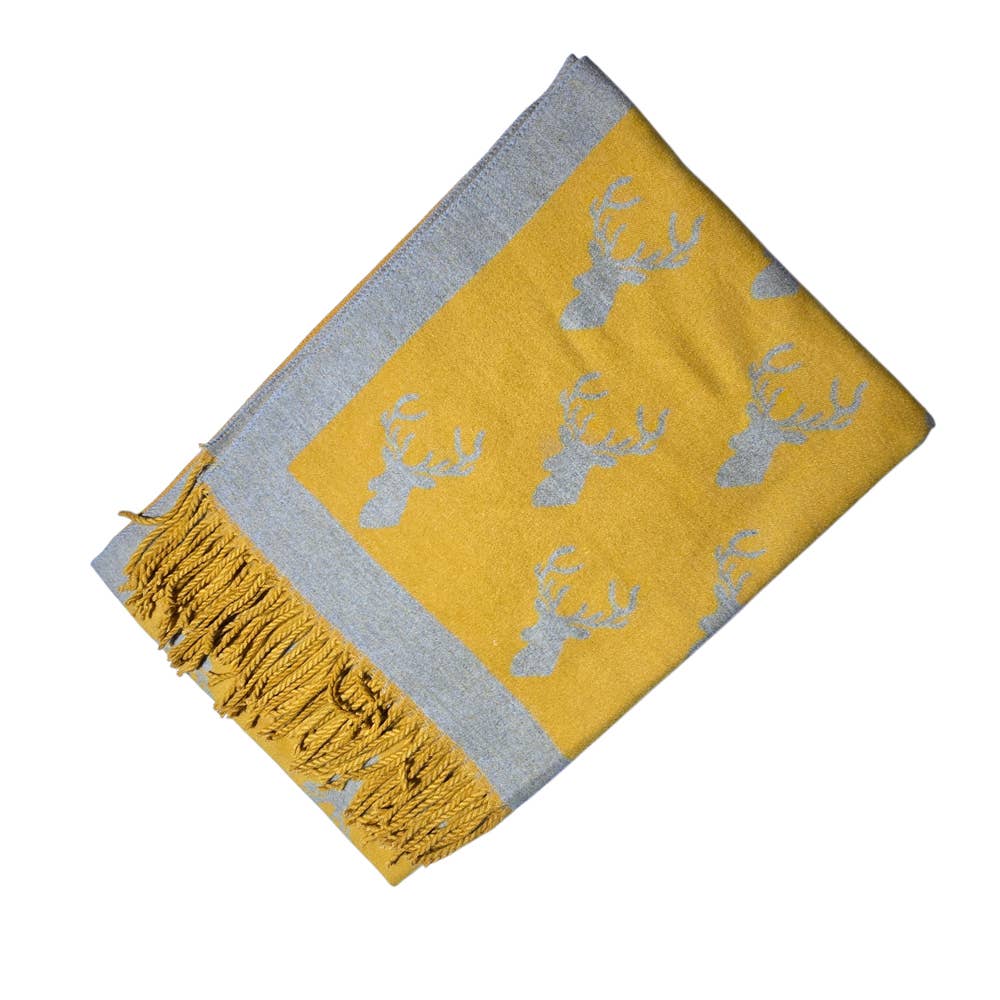 Ladies Cashmere Blend Scarf with Highland Stag - Mustard