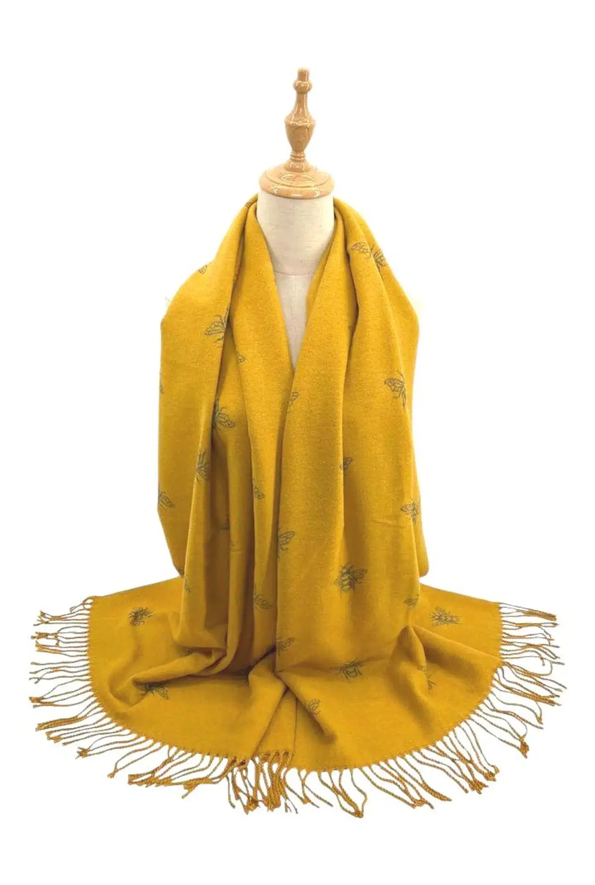 Ladies Cashmere Blend Reversible Bee Print Tassel Scarf - Yellow / Grey