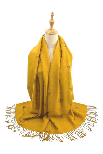 Ladies Cashmere Blend Reversible Bee Print Tassel Scarf - Yellow / Grey