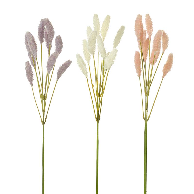 artificial flower stems on white background, bunches of flowers purple cream pink