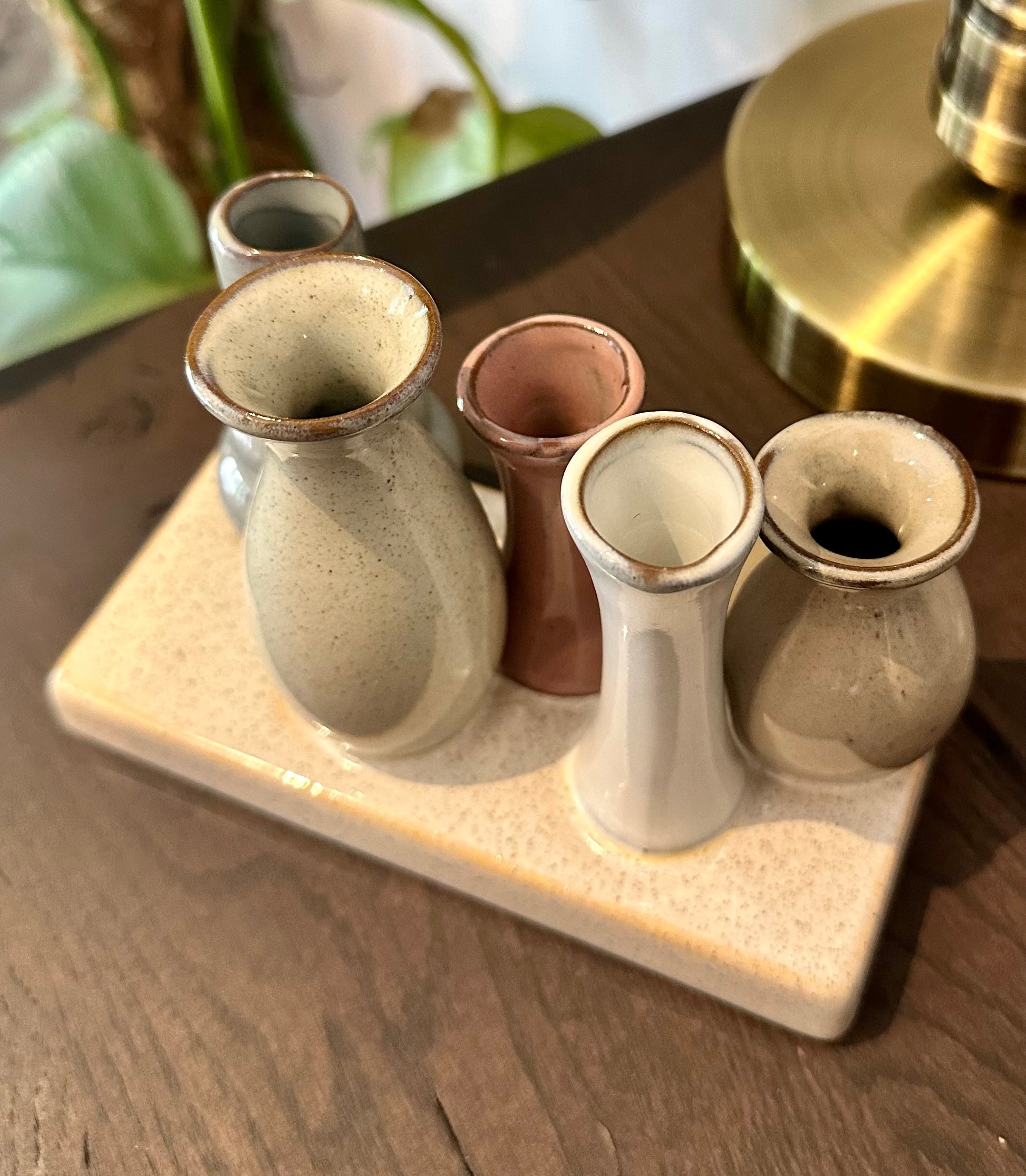 Five artisan vases in ceramic cluster, ideal for shelf styling or unusual home gift
