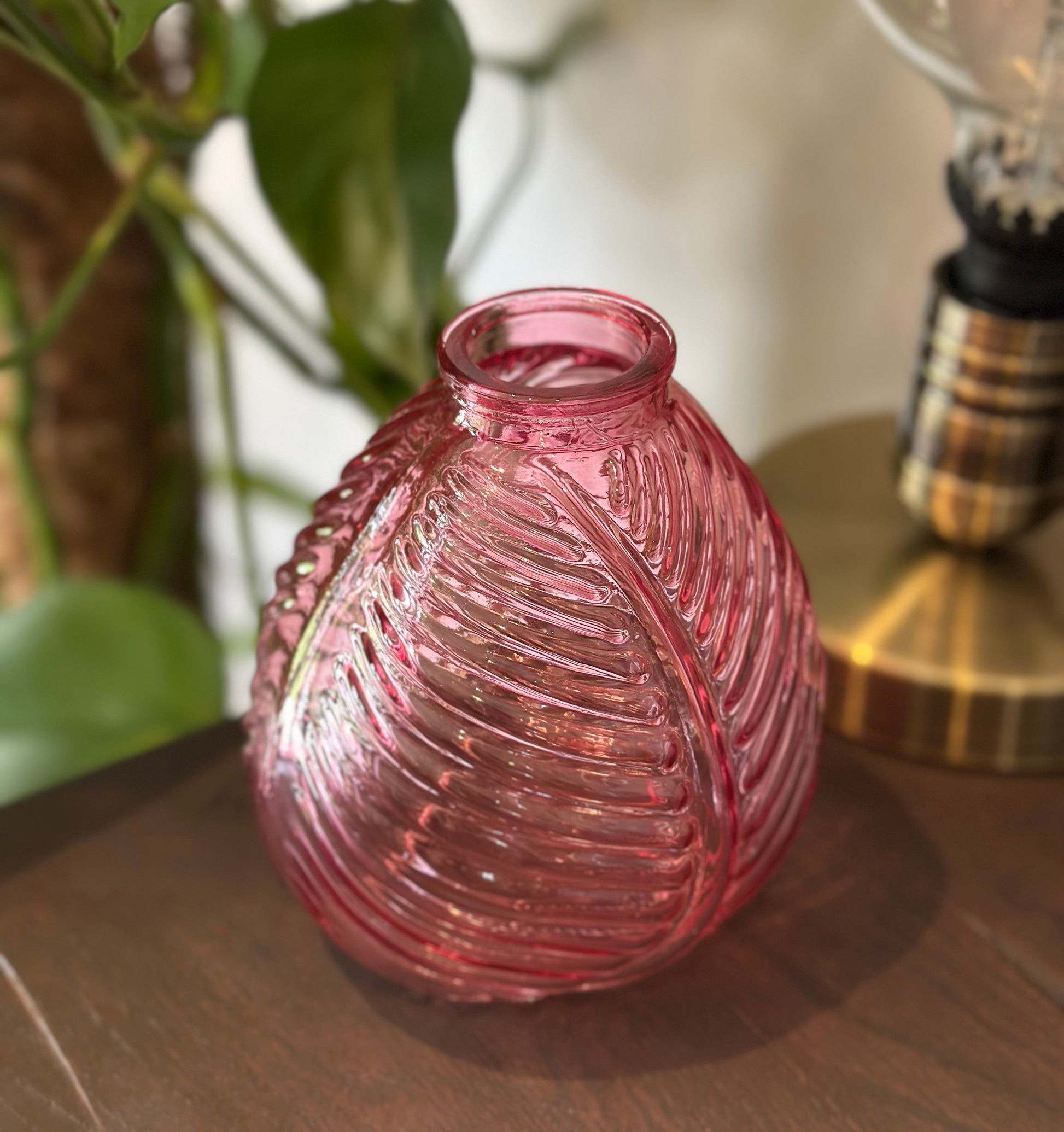 Blush pink botanical vase with leaf motif for elegant decor or thoughtful romantic gift