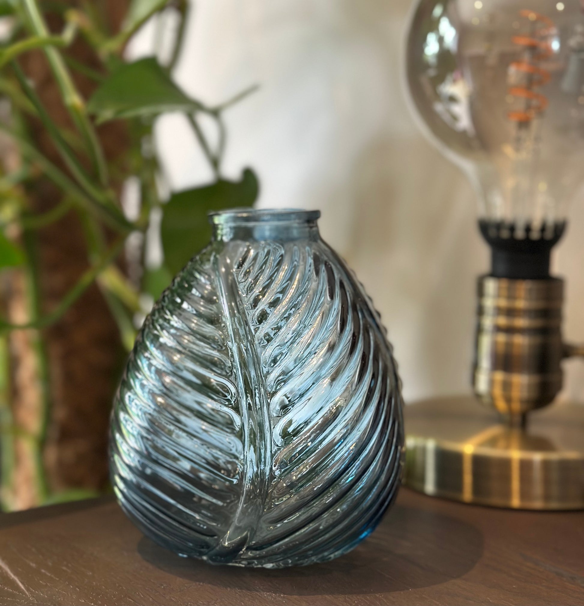 Botanical blue vase in glass with leaf detail, ideal for stylish gift or home accent