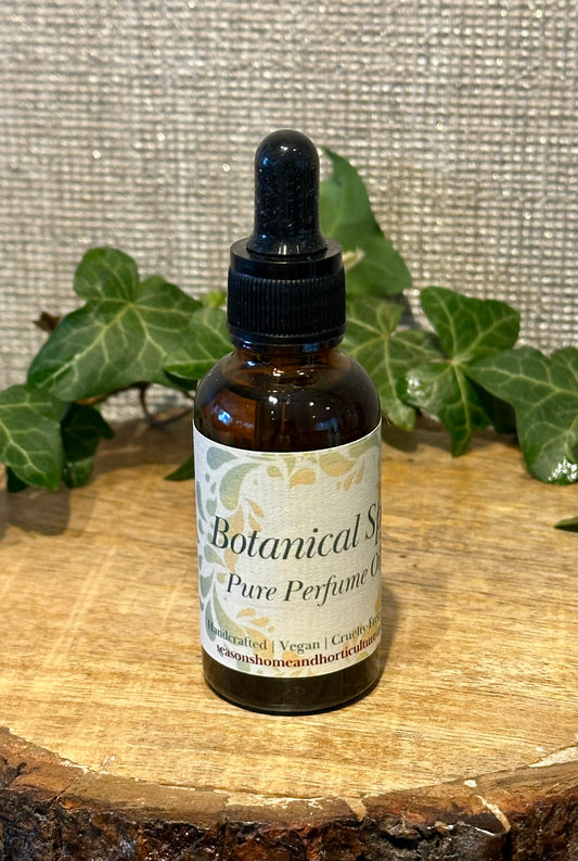 Botanical spa perfume oil with pipette in a glass bottle, featuring lemongrass, patchouli, and ginger notes for a fresh herbal home fragrance ambiance