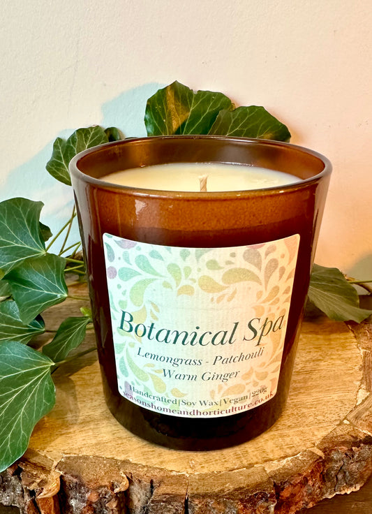 Botanical Spa soy candle in glass jar with lemongrass, patchouli and warm ginger scent handmade vegan cruelty free relaxing home fragrance gift