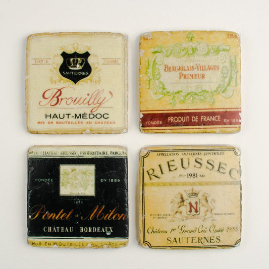Brocante wine label stone and cork coasters, French vintage-style drinks mats for elegant table settings and classic home bar décor.