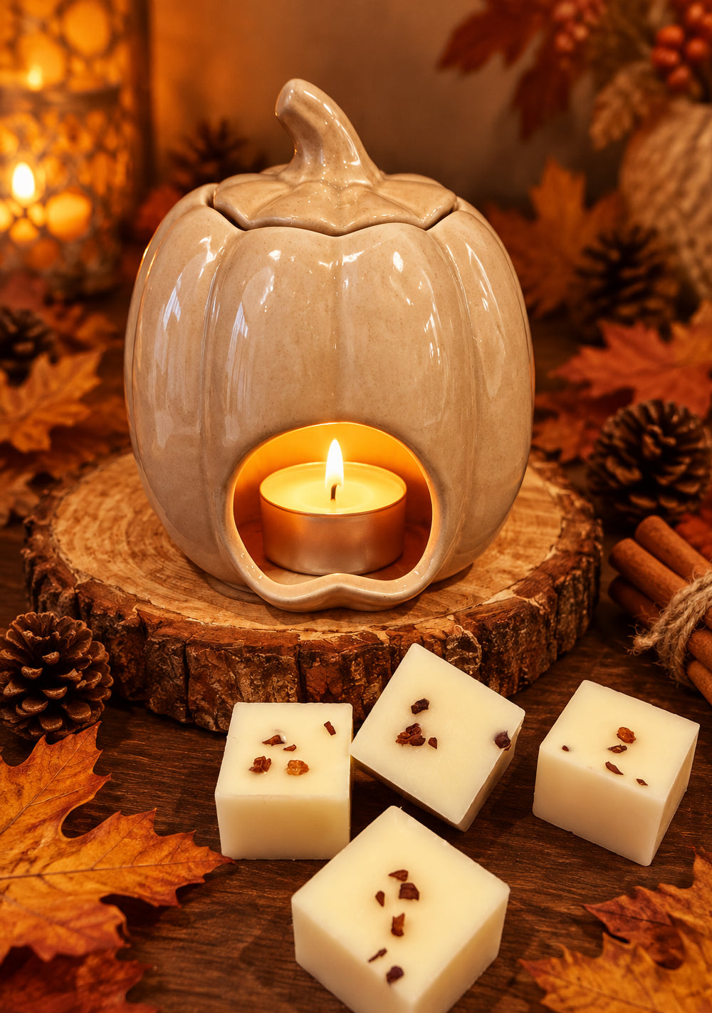 A ceramic pumpkin-shaped candle holder with a lit tealight candle sits on a wood slice surrounded by autumn leaves, pinecones, cinnamon sticks, and four small square wax candles with brown specks, all arranged on a wooden surface.