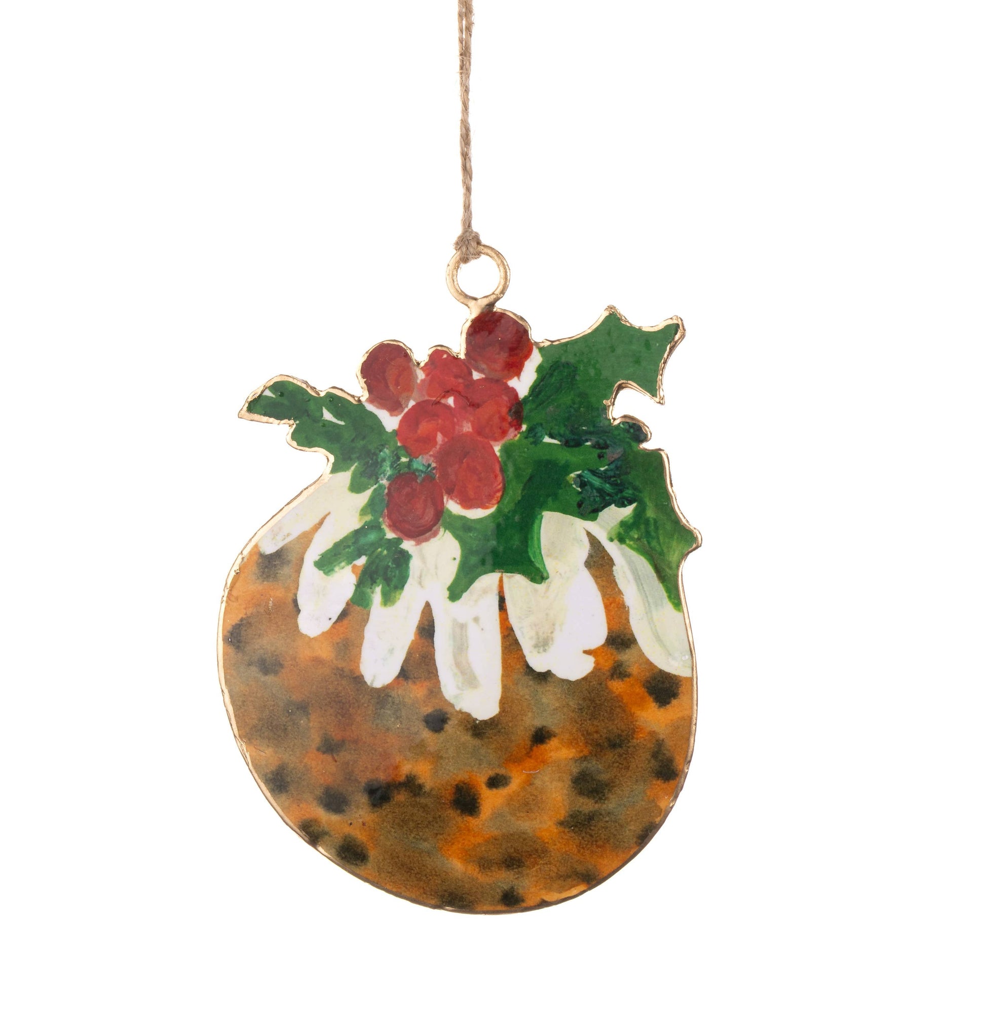 A Christmas ornament shaped like a pudding, featuring a brown speckled base with white frosting-like detailing, green holly leaves, red berries, and a gold hanging loop on a thin string.