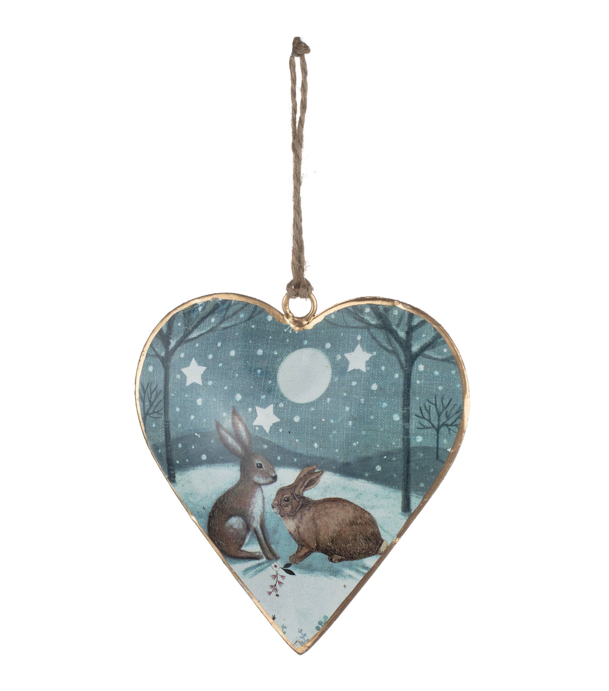Heart-shaped hanging ornament with a winter night scene featuring two rabbits under a full moon, with a gold-toned border and a hanging loop at the top.