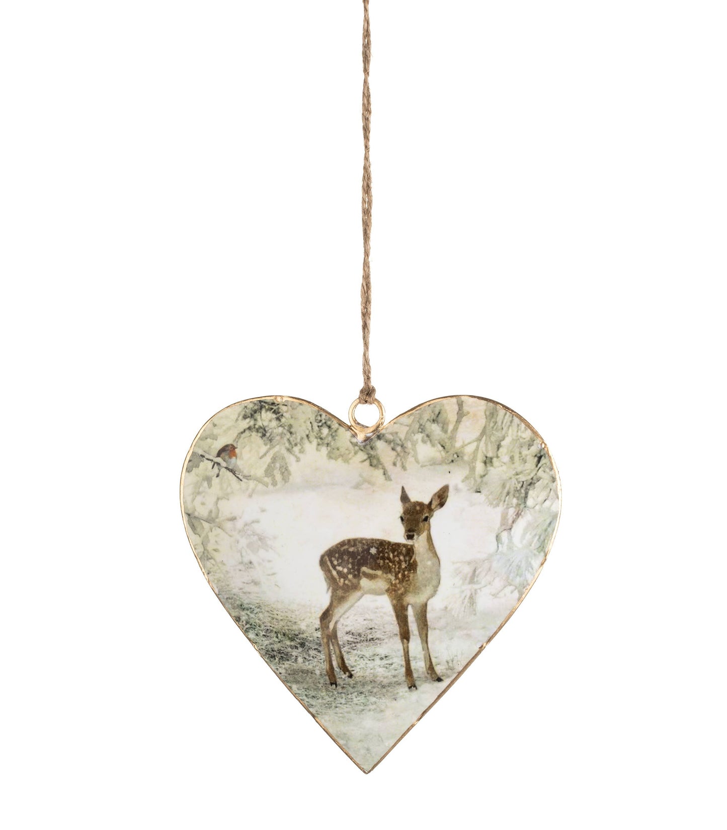 Heart-shaped wooden hanging ornament featuring a vintage-style illustration of a deer in a snowy woodland scene, suspended by a twine string against a white background.
