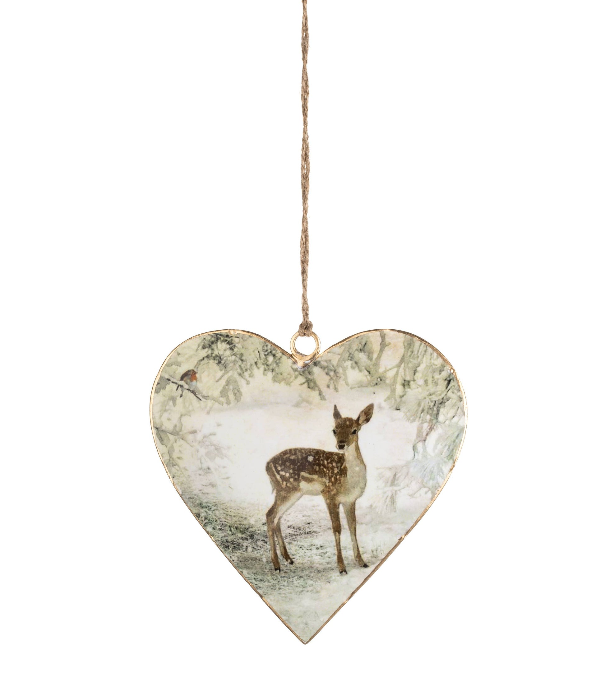 Heart-shaped wooden hanging ornament featuring a vintage-style illustration of a deer in a snowy woodland scene, suspended by a twine string against a white background.